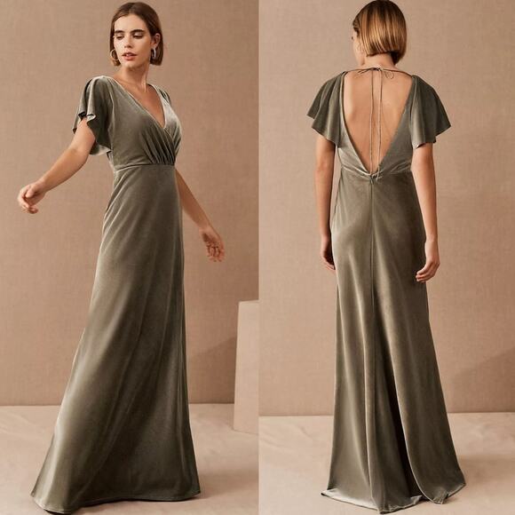 Jenny Yoo Anthro BHLDN Ellis Flutter-Sleeve Open-Back Velvet Gown Green Sz 10 - Picture 1 of 14